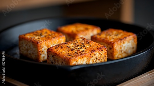 Spice Crusted Tofu in a Cast Iron Skillet the Golden Brown Crust Glistening with a Blend of Aromatic Seasonings a Delicious Meatless Protein Option for Healthy and Nourishing Plant Based Meals photo