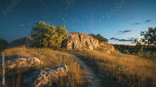 Starry night over grassy hill with rocky outcrop and winding path.