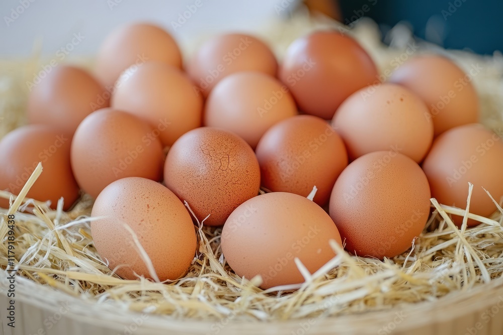 Fresh brown eggs in straw basket, kitchen setting Fresh brown eggs in straw basket, kitchen setting