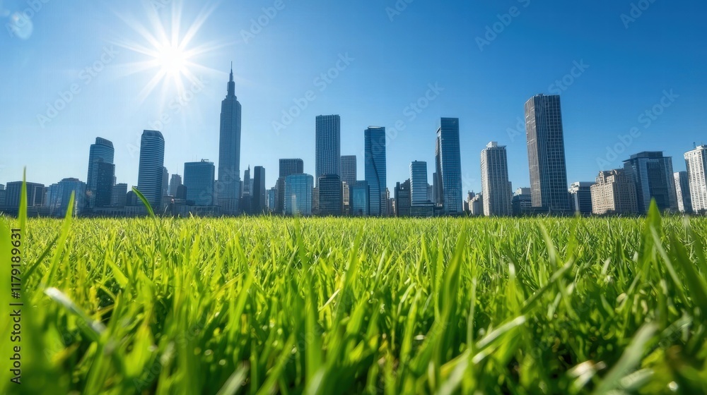 Fototapeta premium Vibrant Urban Landscape with Grass and Skyscrapers Under Bright Sunlight in Clear Blue Sky