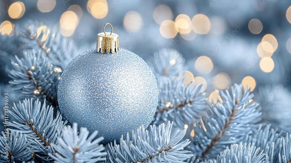 Light blue Christmas bauble on a fir branch with bokeh lights. Light blue Christmas bauble on a fir branch with bokeh lights.