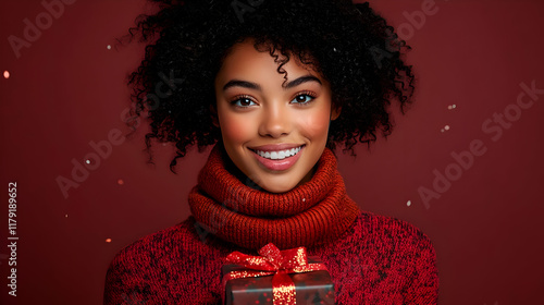 Smiling Person Holds Wrapped Gift in Red Sweater with Cowl Neck and Curly Hair for Festive Season photo