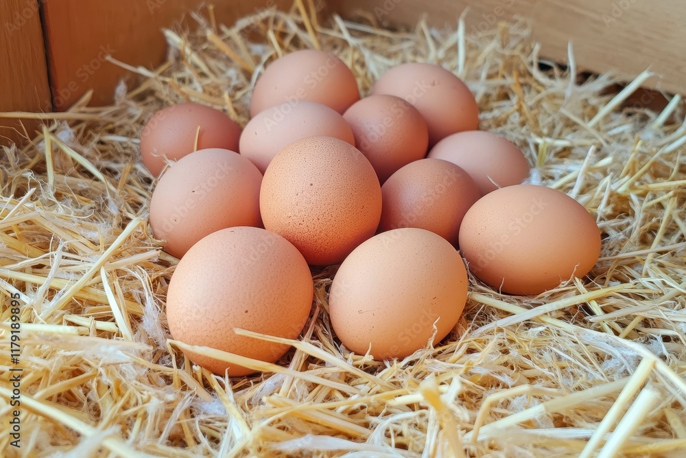 Fresh brown eggs in straw nest, wooden crate, sunlight Fresh brown eggs in straw nest, wooden crate, sunlight