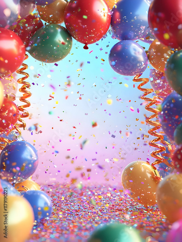A striking 3D birthday frame with vibrant balloons, shimmering ribbons, and metallic confetti scattered throughout