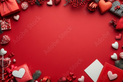 Simple and Minimalistic Red Background with Valentine Decorations Featuring Hearts, Gifts, and Ornaments for Romantic Occasions and Celebrations
