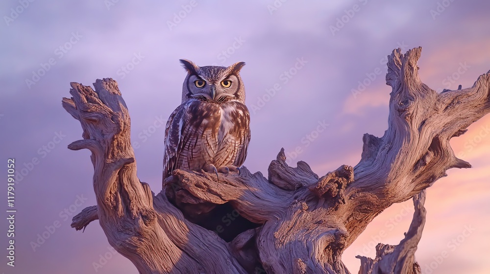 Fototapeta premium Majestic owl perched on a weathered tree branch at sunset. Serene, wise, and captivating, this image evokes a sense of mystery and tranquility.