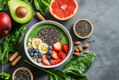 Delicious smoothie bowl preparation home kitchen food art bright environment aesthetic viewpoint engage with supplement ads for healthy living inspiration photo