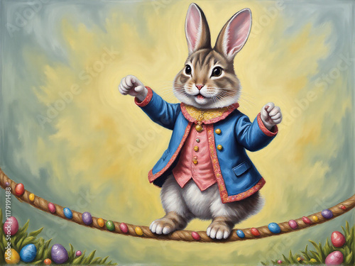A charming, whimsical illustration of a dressed-up rabbit balancing on a tightrope, surrounded by colorful Easter eggs, capturing the playful spirit of a festive celebration.