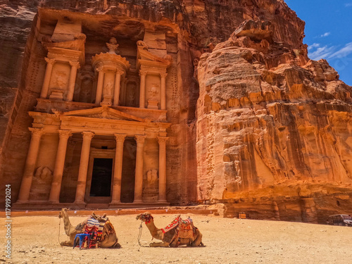 The archaeological treasury with camels in the city of Petra, the capital of the Nabataean state (one of the Seven Wonders of the World) Arab history - UNESCO site