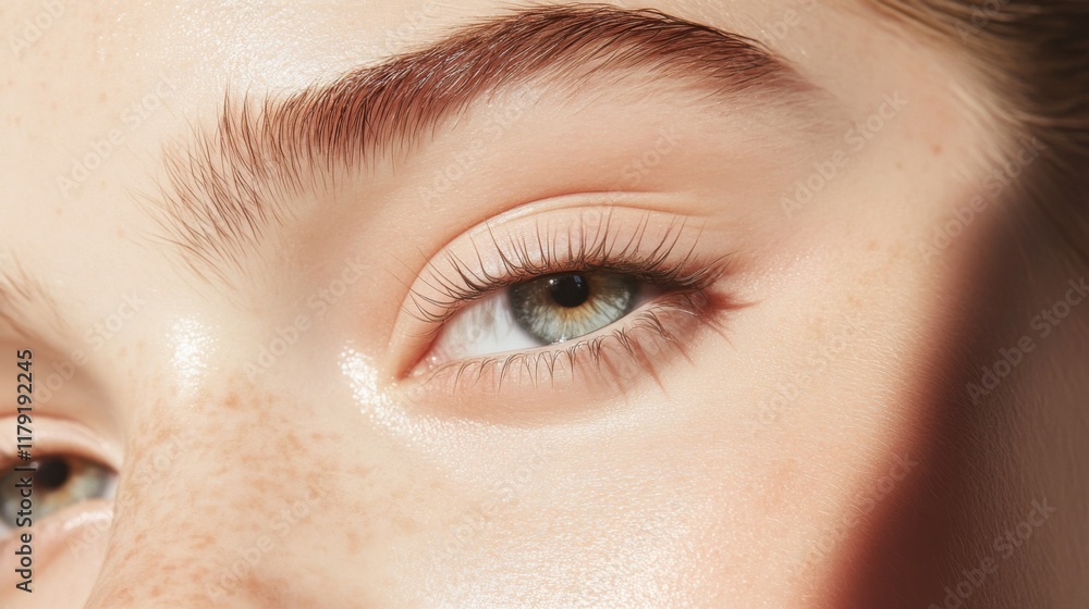 Obraz premium Close-up of a woman's eye with freckles and natural makeup, sunlit.