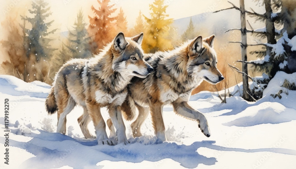 Fototapeta premium Two wolf cubs walk through a snowy forest under a clear sky surrounded by autumn-colored trees during the day