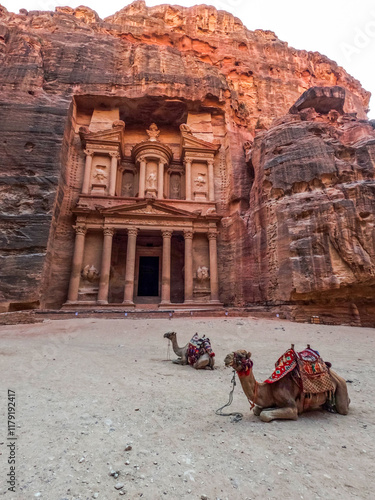 The archaeological treasury with camels in the city of Petra, the capital of the Nabataean state (one of the Seven Wonders of the World) Arab history - UNESCO site