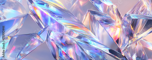 Glass-like, abstract crystalline shapes, colorful refractions with iridescent glow, transparent and polished texture, capturing light with complex reflections photo