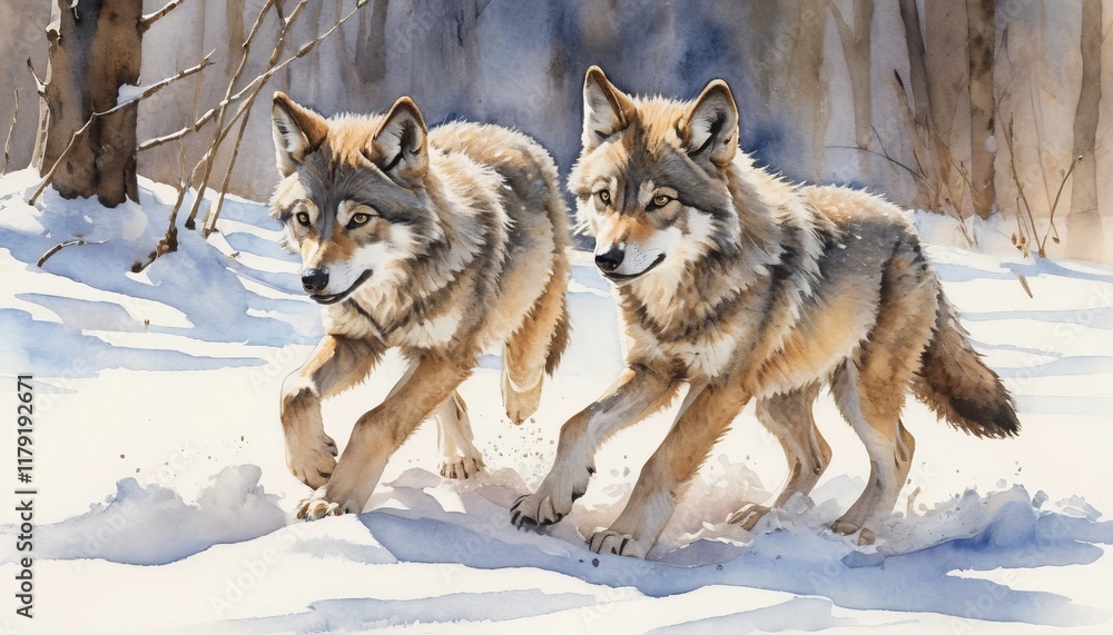 Obraz premium Two wolf cubs playfully running through the snowy forest during a sunny day in winter