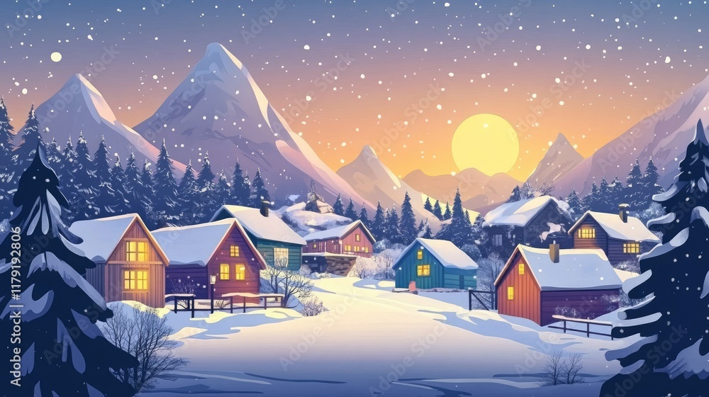 Fototapeta premium Cozy Winter Village at Sunset with Snowy Mountains and Trees