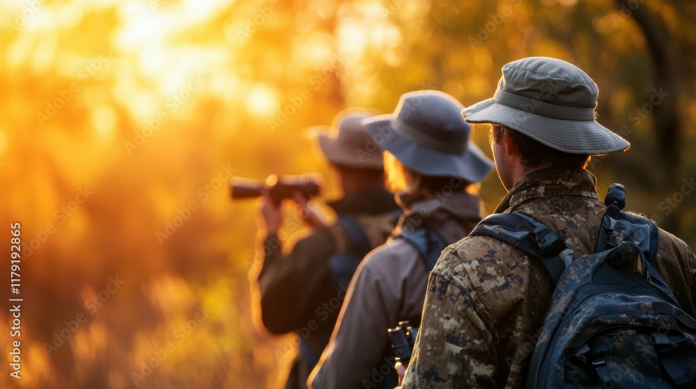 Naklejka premium Team of rangers preparing for wildlife census, vibrant natural environment, professional gear and focused energy