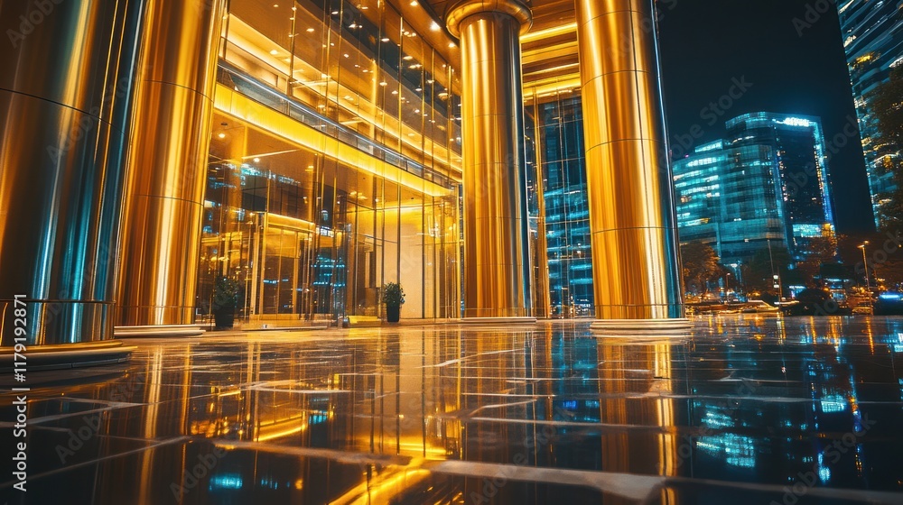 Night view of modern building entrance with golden lighting and reflections. Night view of modern building entrance with golden lighting and reflections.