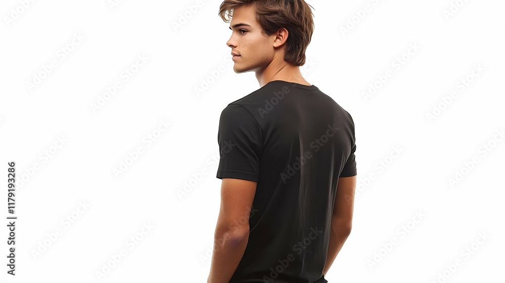 Fototapeta premium Man wearing black t-shirt looks over his shoulder against white background, presenting back view.