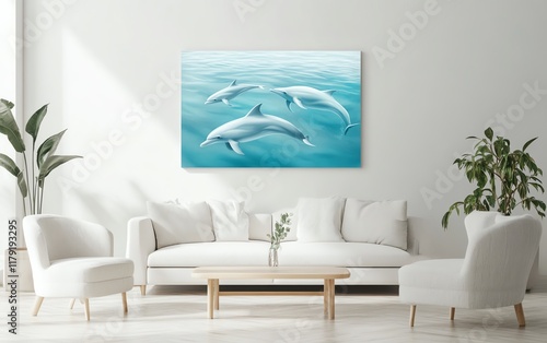 Serene painting of three dolphins gracefully swimming in turquoise ocean water. Perfect for home decor, adding a touch of tranquility and nature. photo