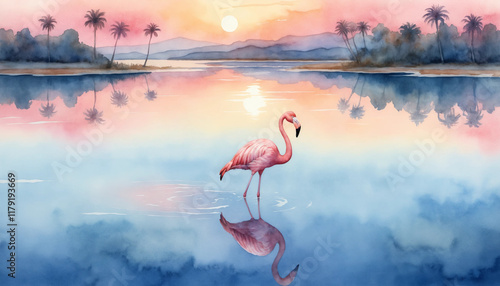Wildlife watercolor illustration of a pink flamingo standing in calm waters at sunrise with palm trees in the background