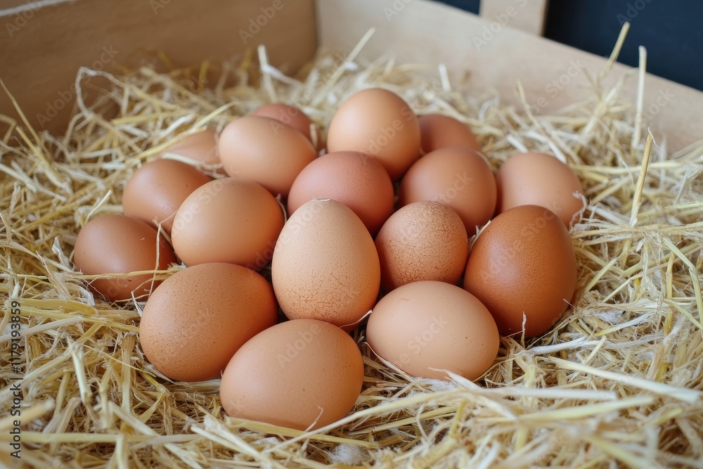Fresh brown eggs in straw nest, wooden crate, dark background, farm market Fresh brown eggs in straw nest, wooden crate, dark background, farm market