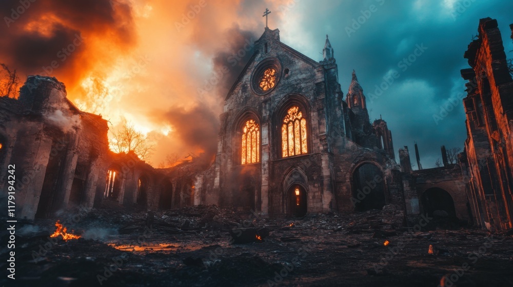 destroyed church in fiery cityscape, dramatic and haunting, focus on ruins and intense lighting, artistic and impactful atmosphere destroyed church in fiery cityscape, dramatic and haunting, focus on ruins and intense lighting, artistic and impactful atmosphere