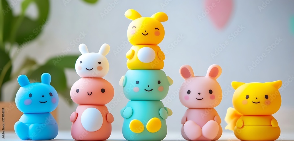 Stackable silicone toys shaped like cheerful animals Stackable silicone toys shaped like cheerful animals