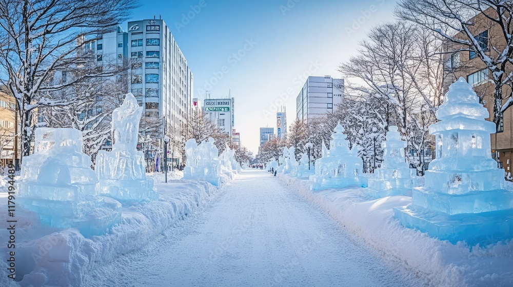 Obraz premium Winter Wonderland with Ice Sculptures in Urban City Landscape