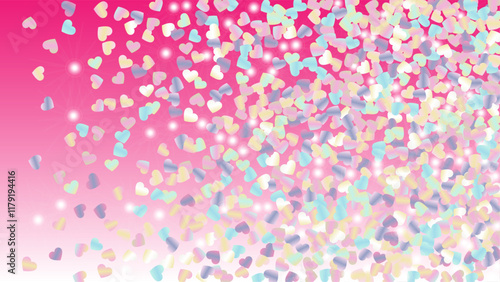 Magic Background with Confetti of Hearts Glitter Particles. St. Valentine Day. Disco pattern. Light Spots. Explosion of Confetti. Glitter Vector Illustration. Design for Invitation.