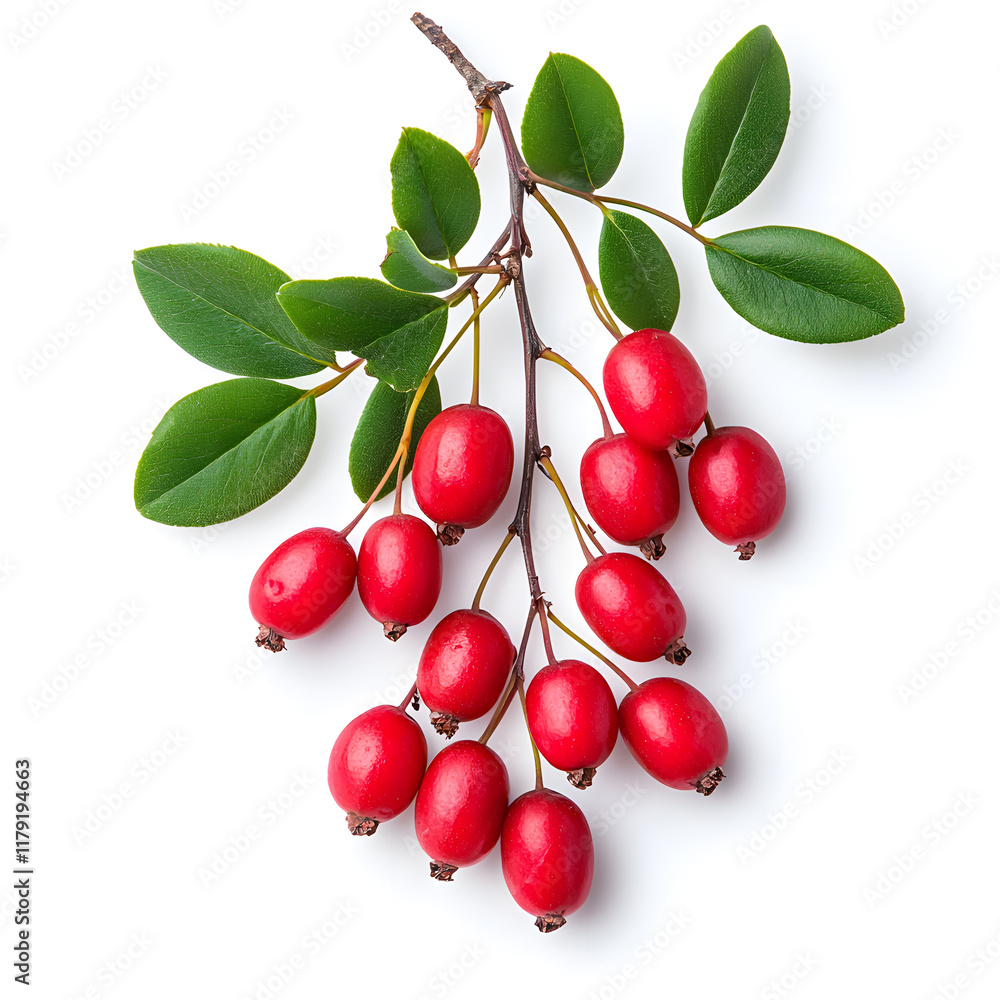 Fresh juicy organic barberry on branch with green leaves, isolated white background Fresh juicy organic barberry on branch with green leaves, isolated white background