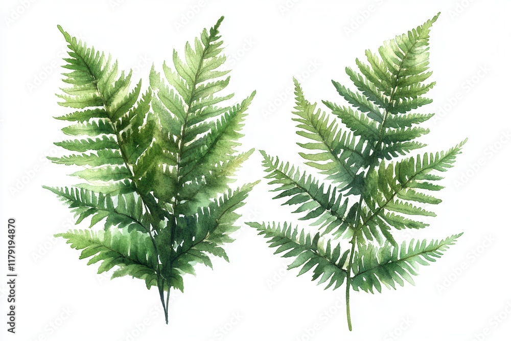 Two green fern leaves illustrated in a watercolor style. Two green fern leaves illustrated in a watercolor style.
