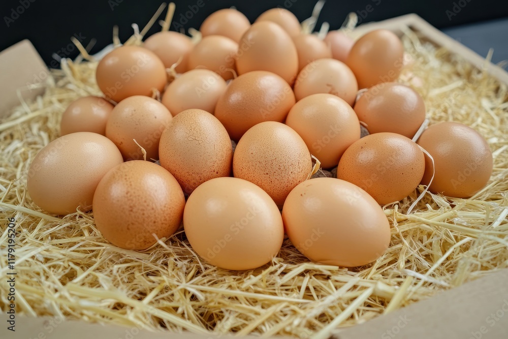 Fresh brown eggs in straw-lined box, dark background Fresh brown eggs in straw-lined box, dark background