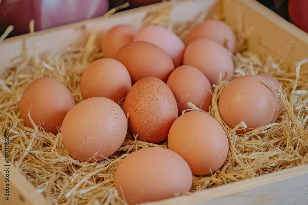 Fresh brown eggs in wooden crate, straw bedding, market background, food display Fresh brown eggs in wooden crate, straw bedding, market background, food display