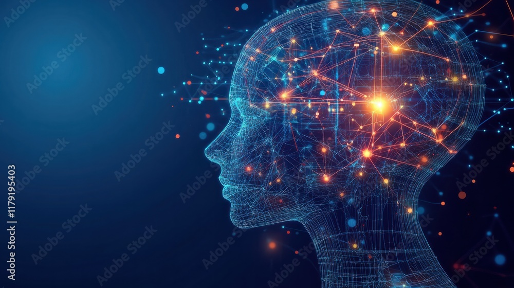 A wireframe head with glowing connections and futuristic elements, representing artificial intelligence technology A wireframe head with glowing connections and futuristic elements, representing artificial intelligence technology