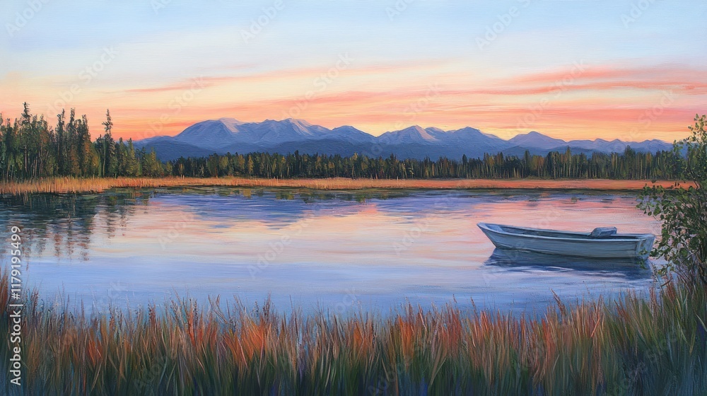 Serene sunset over calm lake with a small boat. (1) Serene sunset over calm lake with a small boat. (1)