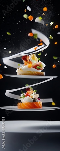 Elegant gourmet food photography. Three plates of delicious modern cuisine with vibrant colors and dynamic composition. Perfect for restaurant menus or culinary blogs. photo