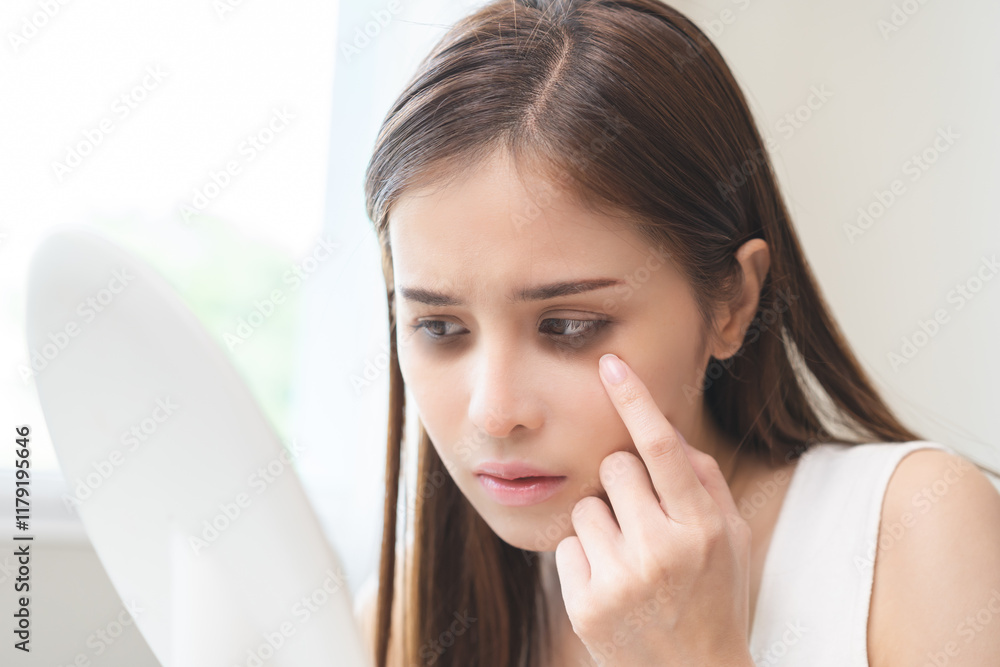 Bored, insomnia asian young woman, girl looking at mirror hand touching under eyes with problem of black circles or panda puffy, swollen and wrinkle on face. Sleepless, sleepy healthcare person. Bored, insomnia asian young woman, girl looking at mirror hand touching under eyes with problem of black circles or panda puffy, swollen and wrinkle on face. Sleepless, sleepy healthcare person.