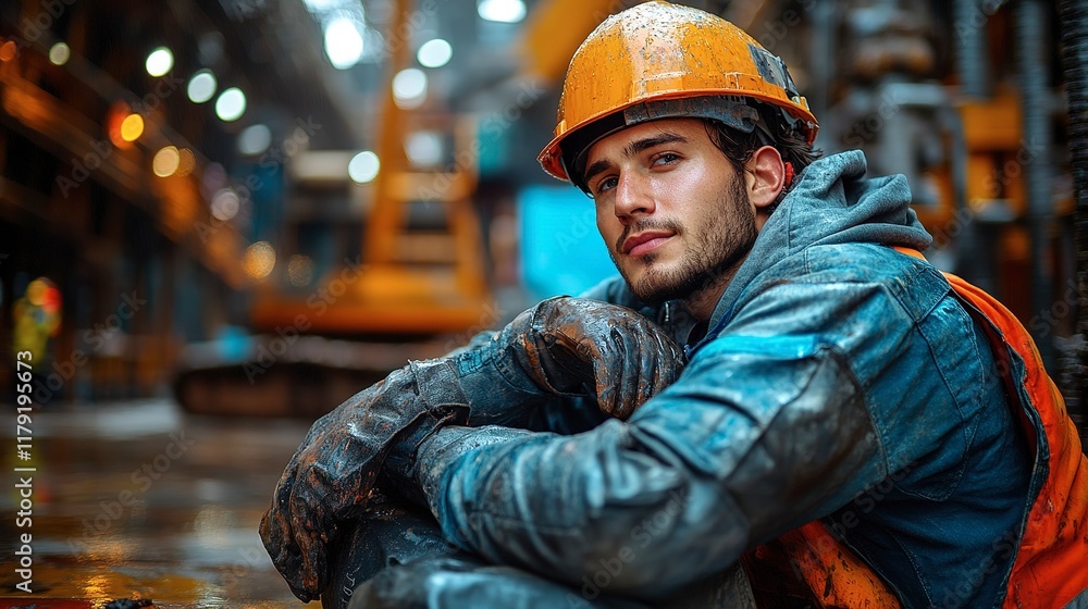A weary construction worker rests during his shift A weary construction worker rests during his shift