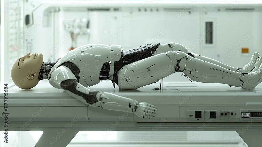 Fototapeta premium Futuristic Android Model on Examination Table in High-Tech Lab Setting