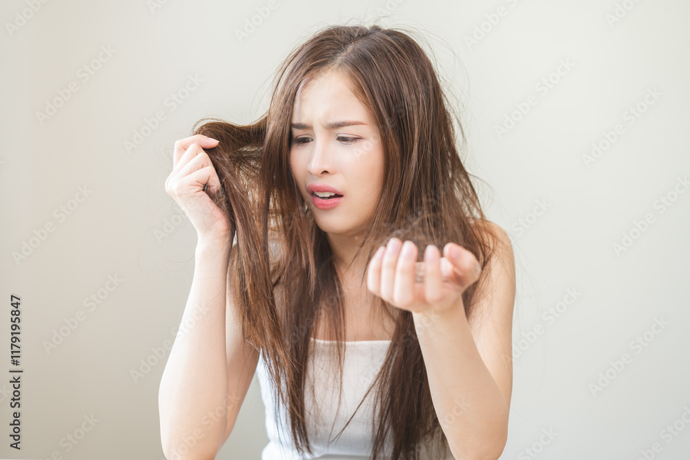 Serious, worried asian young woman, girl holding, show damaged loss hair, problem after brushing, hair fall out on hand. Health care of beauty treatment. Portrait isolated on background, copy space. Serious, worried asian young woman, girl holding, show damaged loss hair, problem after brushing, hair fall out on hand. Health care of beauty treatment. Portrait isolated on background, copy space.