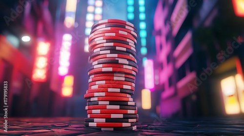 A vibrant stack of poker chips stands in a neon-lit urban setting, evoking a lively atmosphere of gambling and nightlife.