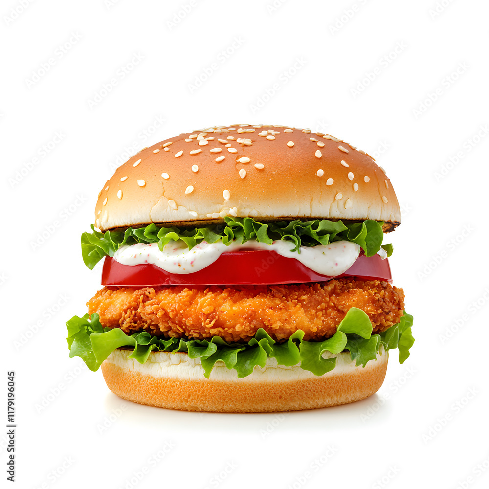 Burger with fried chicken isolated on white background.
Burger with fried chicken isolated on white background.