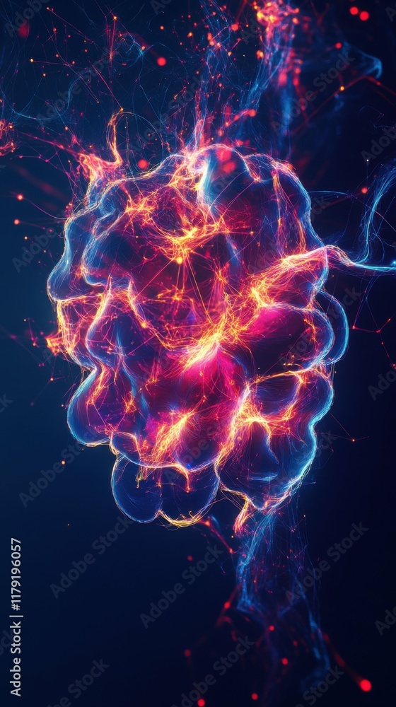 Abstract glowing digital brain surrounded by vibrant connections, futuristic depiction, isolated with a dark gradient background for clarity and focus. Abstract glowing digital brain surrounded by vibrant connections, futuristic depiction, isolated with a dark gradient background for clarity and focus.
