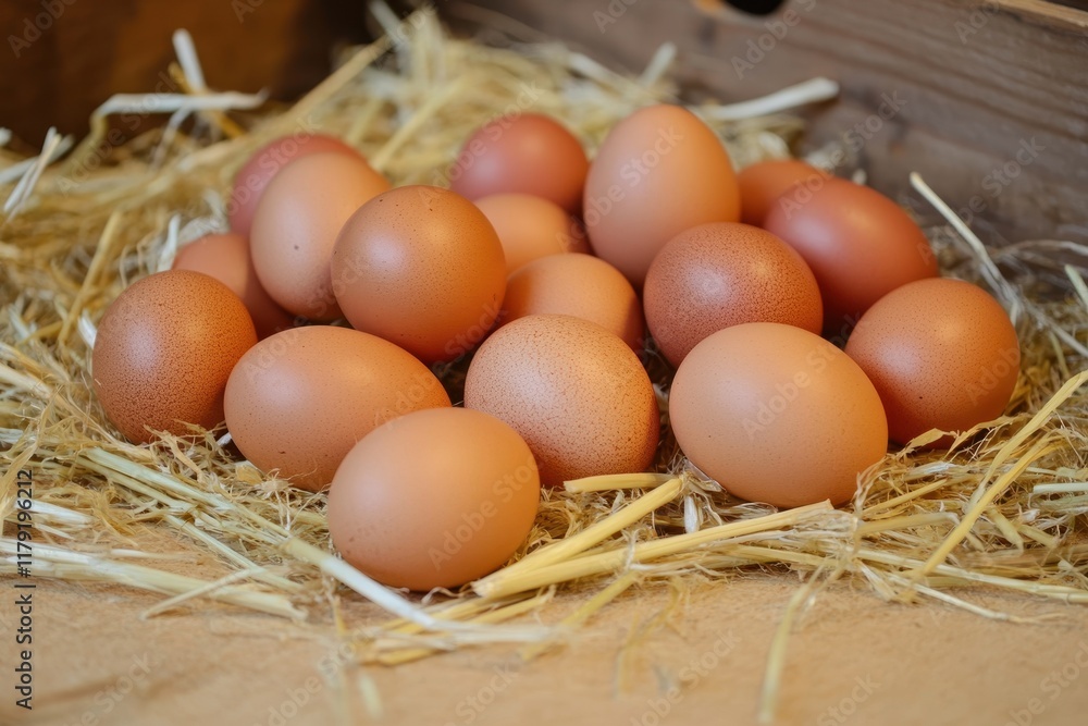 Farm fresh brown eggs in hay, rustic wooden crate background, food photography Farm fresh brown eggs in hay, rustic wooden crate background, food photography
