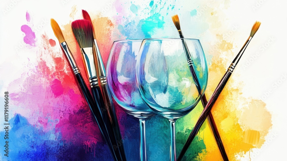 Fototapeta premium Artistic Composition with Paint Brushes and Empty Wine Glasses