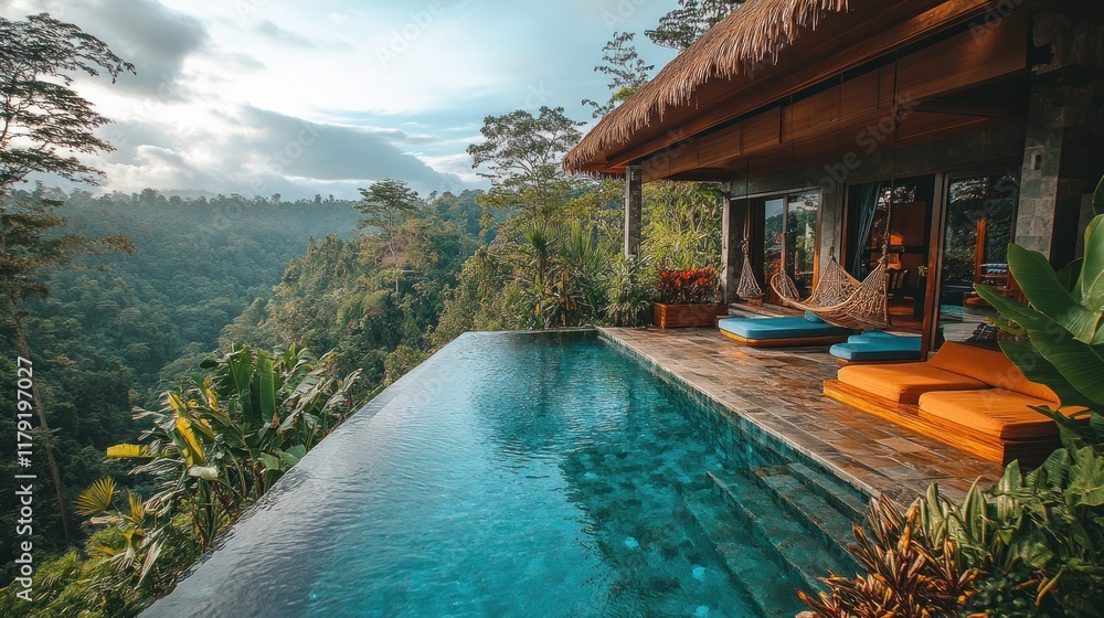 Obraz premium Infinity pool overlooking lush jungle.