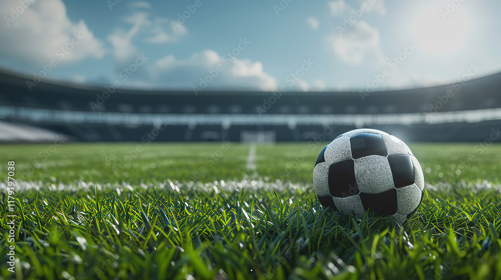 Fototapeta premium Soccer ball on a lush green field in a professional sports stadium setting