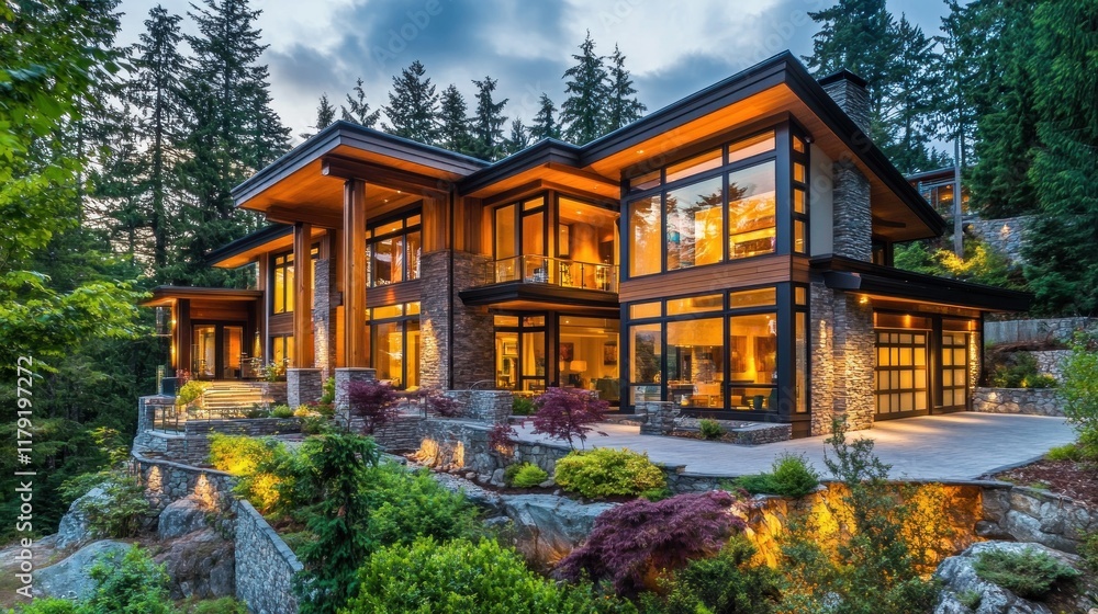 Luxurious modern home nestled in a wooded hillside at twilight, showcasing expansive windows and stonework. Luxurious modern home nestled in a wooded hillside at twilight, showcasing expansive windows and stonework.