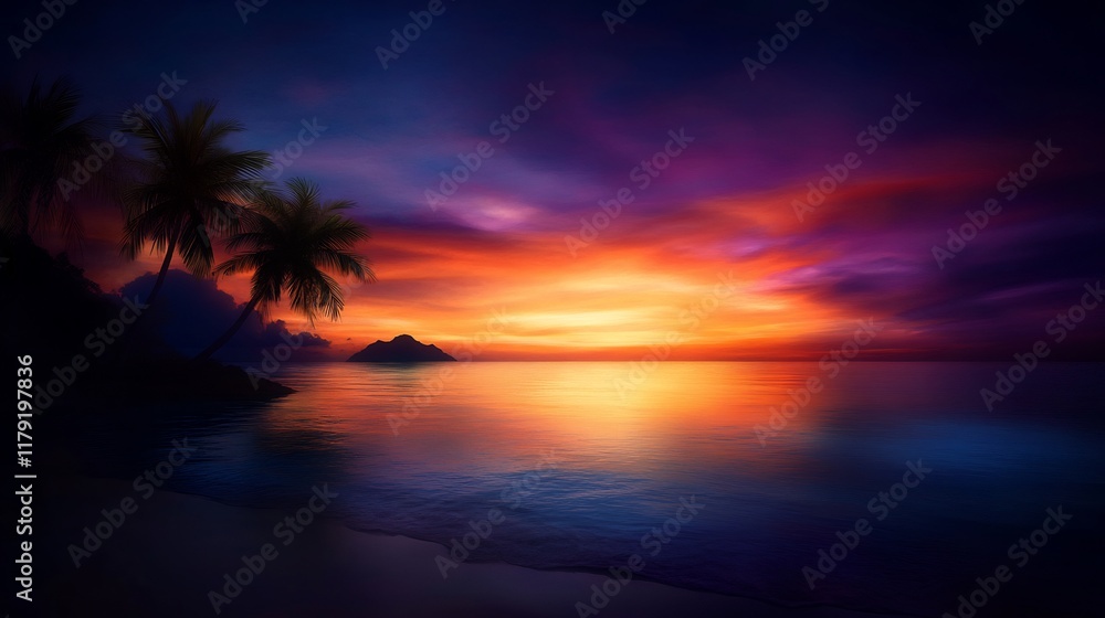Spectacular Tropical Sunset Over the Ocean with Palm Trees Spectacular Tropical Sunset Over the Ocean with Palm Trees