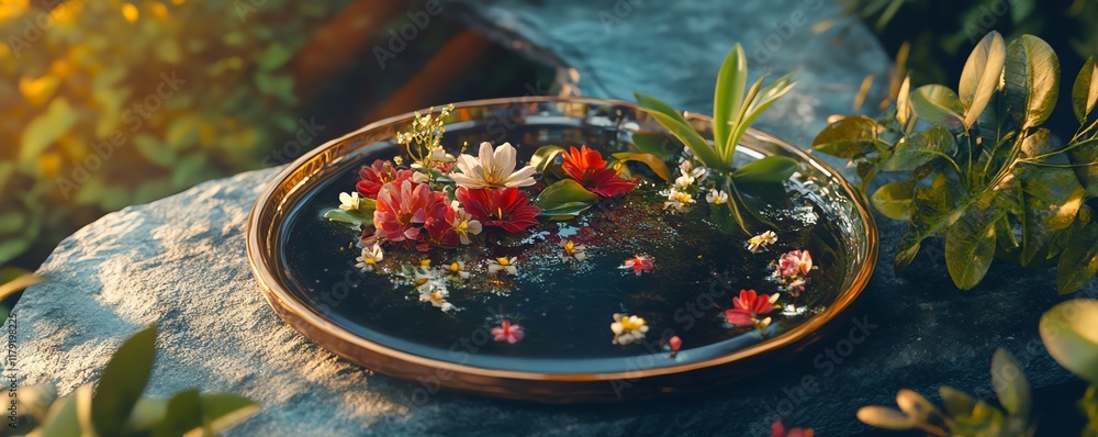 Tranquil scene of colorful flowers floating in a copper bowl, nestled on a stone. Serene nature photography. Tranquil scene of colorful flowers floating in a copper bowl, nestled on a stone. Serene nature photography.